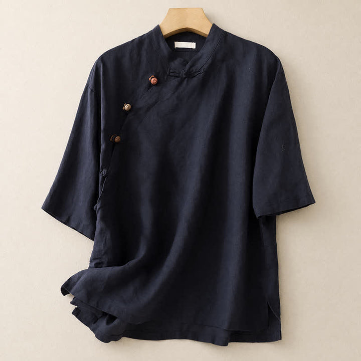 Buddha Stones Summer Tang Style Minimalist Mandarin Collar Solid Women's Short Sleeve Shirts - Navy - US8-10, UK/AU12-14, EU40-42 (2XL) - image 8