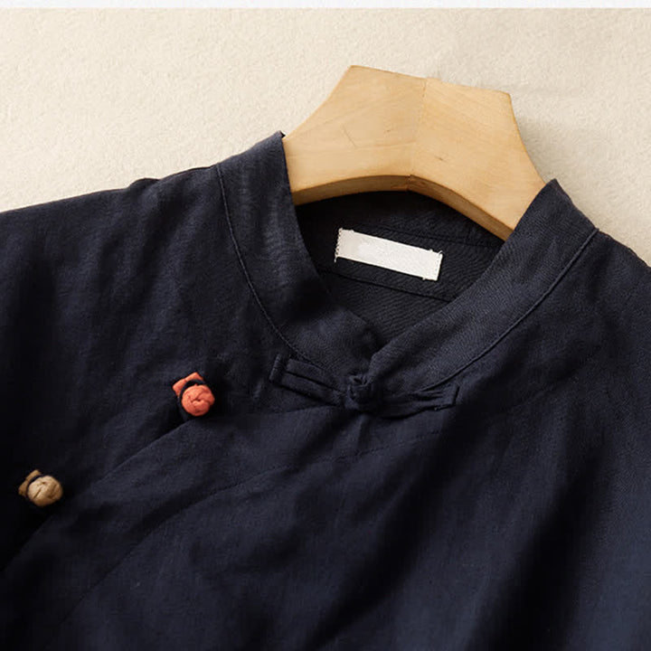 Buddha Stones Summer Tang Style Minimalist Mandarin Collar Solid Women's Short Sleeve Shirts - image 9