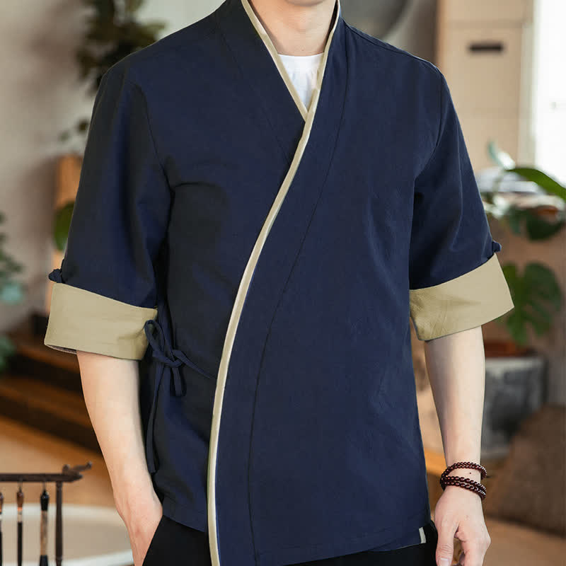 Buddha Stones Summer Tang Style Minimalist Drawstring V-Neck Solid Three-Quarter Sleeve Men's Kimono - image 2