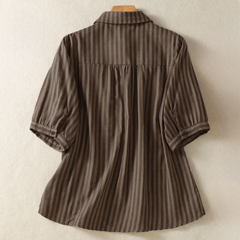 Buddha Stones Summer Casual Button-Up Striped Women's Short Sleeve Shirts With Patch Pocket - image 14
