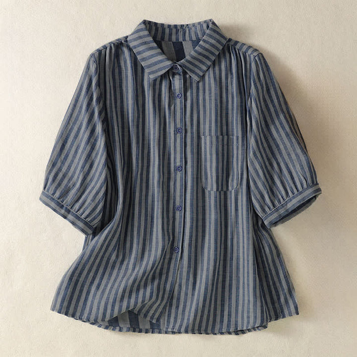Buddha Stones Summer Casual Button-Up Striped Women's Short Sleeve Shirts With Patch Pocket - SteelBlue - US12, UK/AU16, EU44 (3XL) - image 24
