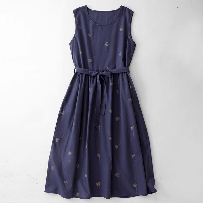 Buddha Stones MidnightBlue Printing Lace-Up Design Sleeveless Midi Dress With Pockets - MidnightBlue - US8-10，UK/AU12-14，EU40-42 (2XL) - image 0