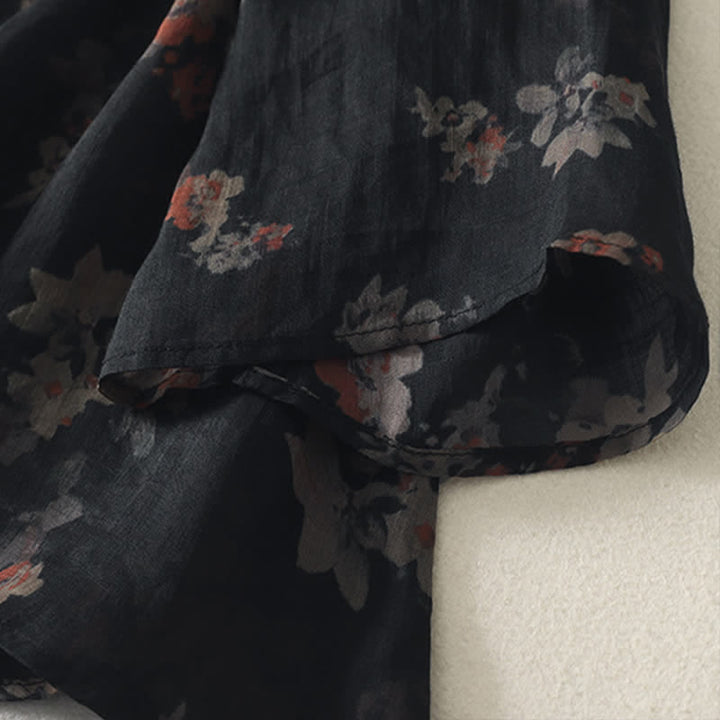 Buddha Stones Summer Tang Style Vintage Frog Button V-Neck Floral Women's Elbow-Length Sleeve Shirts - image 3