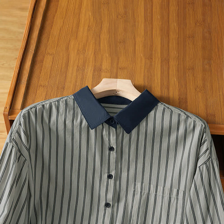 Buddha Stones Spring Summer Casual Minimalist Button-Up Striped Contrast Trim Women's Long Sleeve Shirts With Patch Pocket - image 3