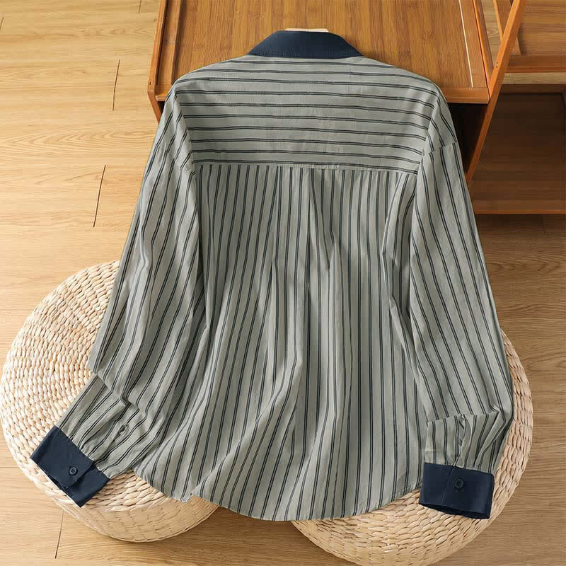 Buddha Stones Spring Summer Casual Minimalist Button-Up Striped Contrast Trim Women's Long Sleeve Shirts With Patch Pocket - image 2