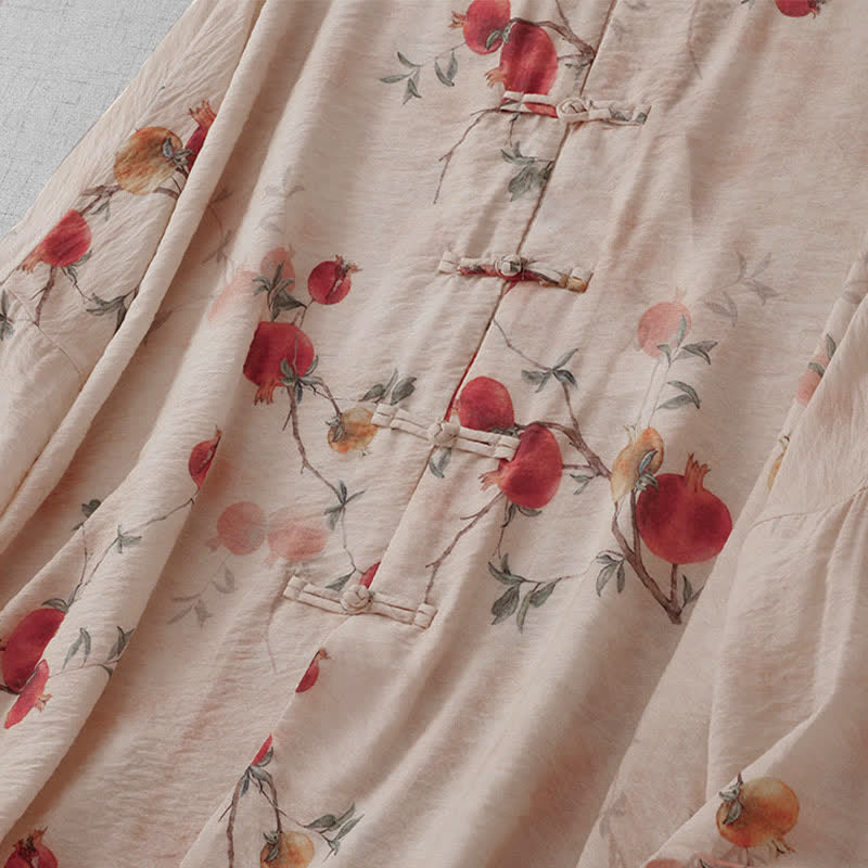 Buddha Stones Summer Tang Style Vintage Frog Button Pomegranate Print Women's Short Sleeve Shirts - image 3