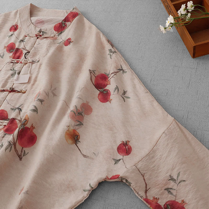 Buddha Stones Summer Tang Style Vintage Frog Button Pomegranate Print Women's Short Sleeve Shirts - image 5
