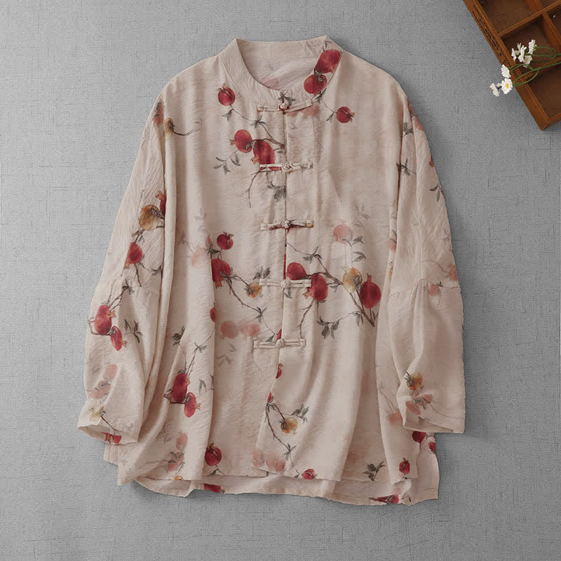 Buddha Stones Summer Tang Style Vintage Frog Button Pomegranate Print Women's Short Sleeve Shirts - Beige - US14, UK/AU18, EU46 (2XL) - image 0
