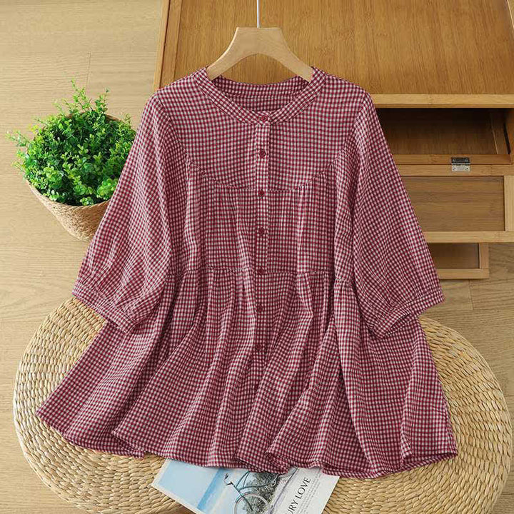 Buddha Stones Summer Casual Vintage Button-Up Red Plaid Crew Neck Women's Short Sleeve Shirts - IndianRed - US12, UK/AU16, EU44 (XL) - image 0