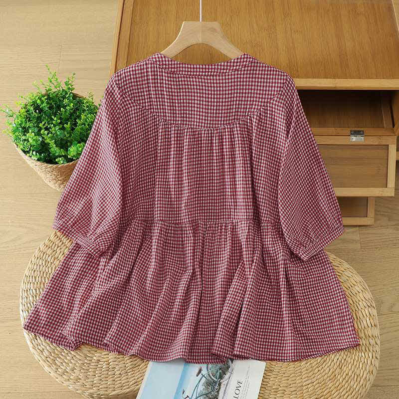 Buddha Stones Summer Casual Vintage Button-Up Red Plaid Crew Neck Women's Short Sleeve Shirts - image 1