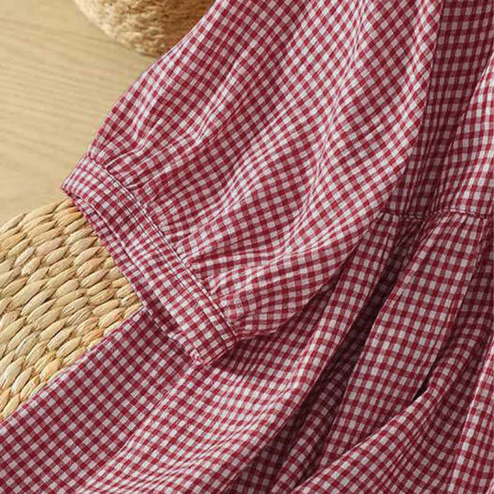 Buddha Stones Summer Casual Vintage Button-Up Red Plaid Crew Neck Women's Short Sleeve Shirts - image 5