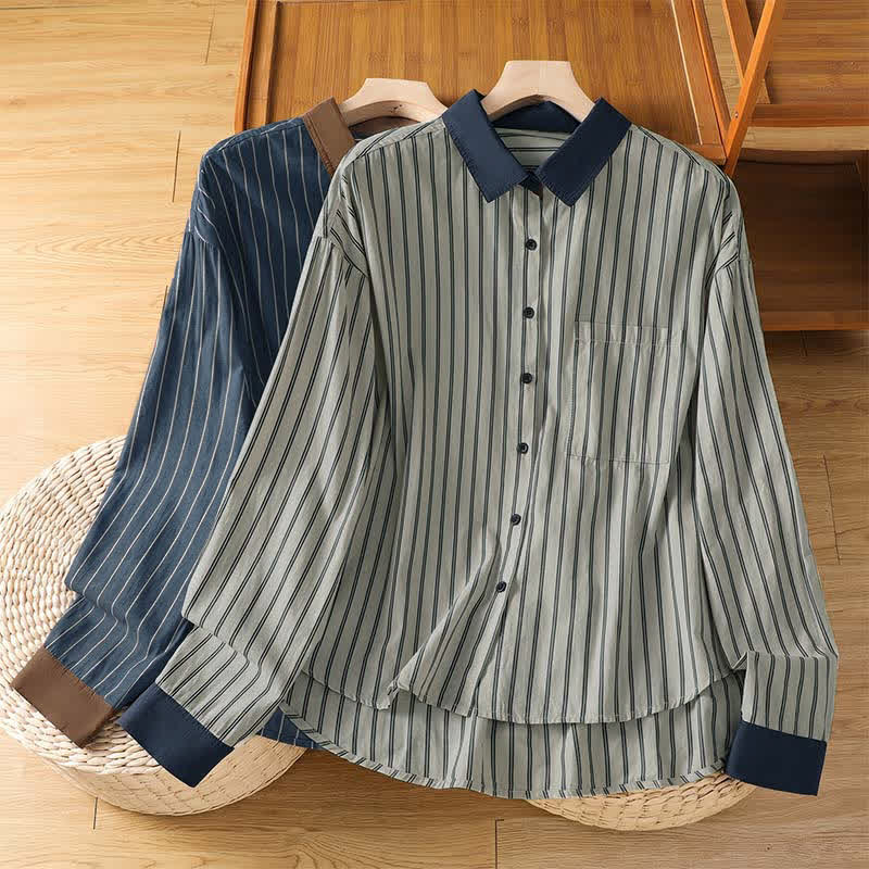 Buddha Stones Spring Summer Casual Minimalist Button-Up Striped Contrast Trim Women's Long Sleeve Shirts With Patch Pocket - image 0