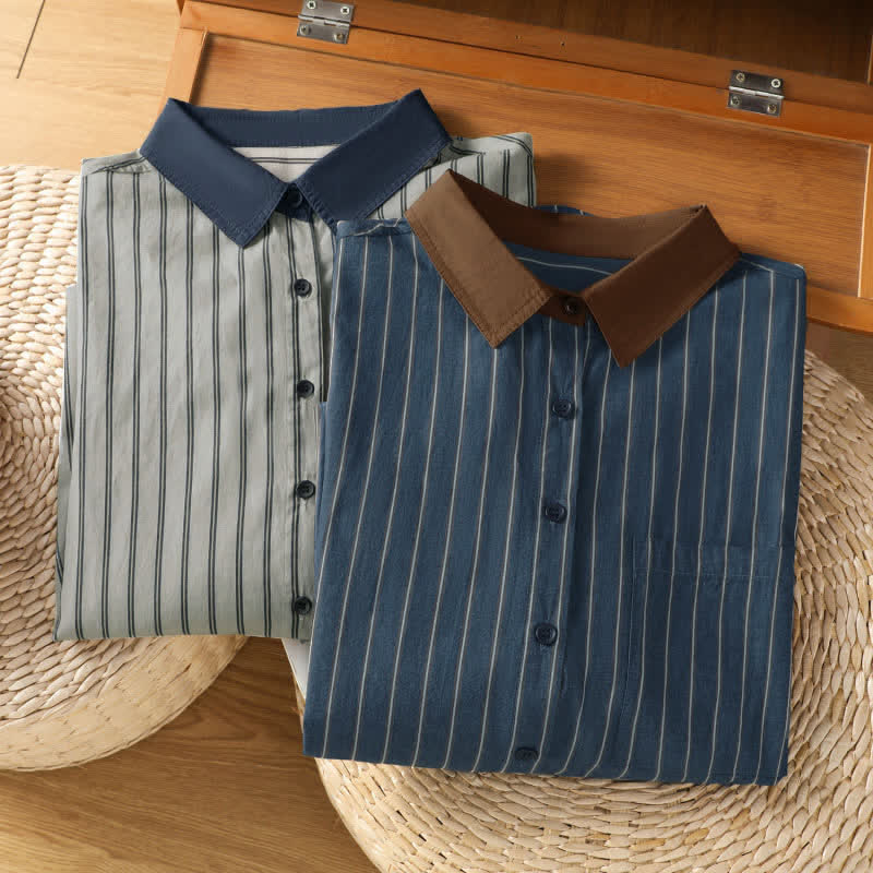 Buddha Stones Spring Summer Casual Minimalist Button-Up Striped Contrast Trim Women's Long Sleeve Shirts With Patch Pocket - image 18
