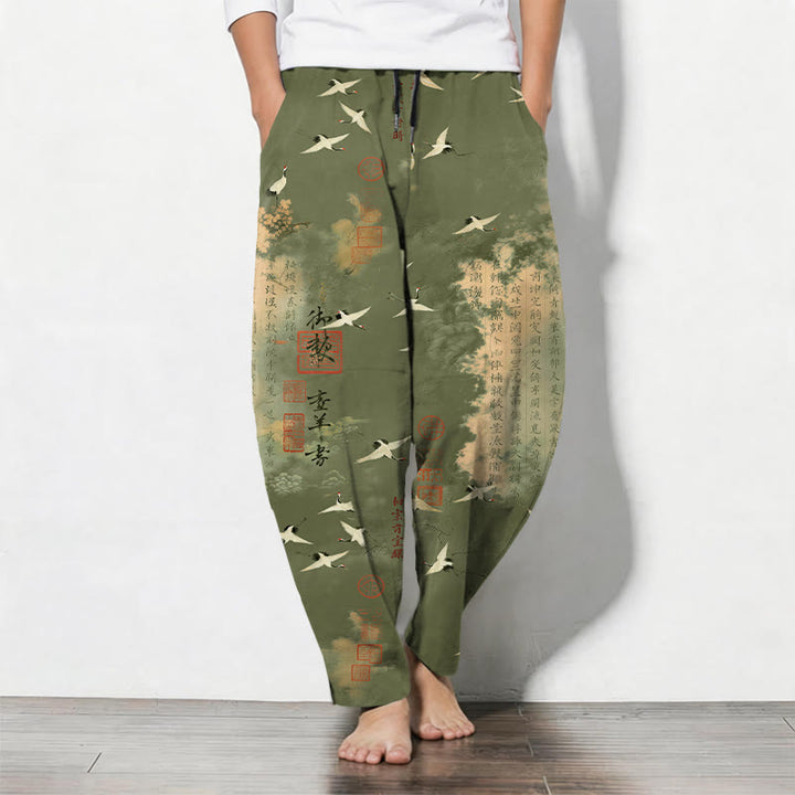 Buddha Stones Pure Cotton Crane Cloud Calligraphy Pattern Drawstring Men's Tapered Pants With Pockets - OliveDrab - US/UK/AU50，EU60 (5XL) - image 11