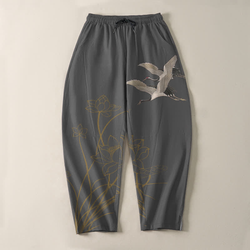 Buddha Stones Pure Cotton Flying Crane Lotus Pattern Drawstring Men's Tapered Pants With Pockets - image 2