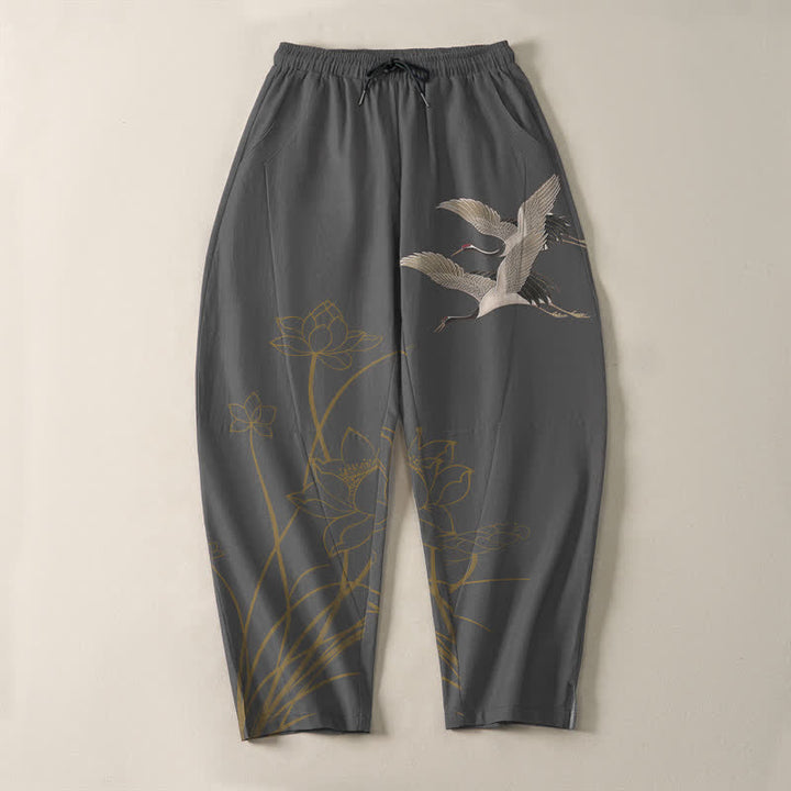 Buddha Stones Pure Cotton Flying Crane Lotus Pattern Drawstring Men's Tapered Pants With Pockets - image 2
