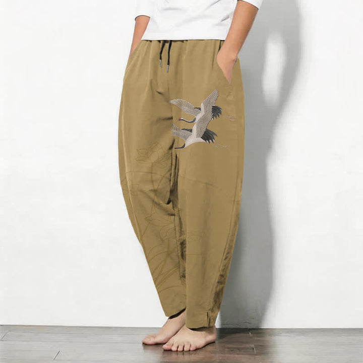 Buddha Stones Pure Cotton Flying Crane Lotus Pattern Drawstring Men's Tapered Pants With Pockets - image 8