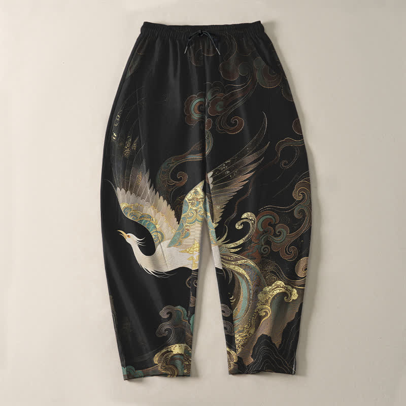 Buddha Stones Pure Cotton Crane Cloud Wave Pattern Drawstring Men's Tapered Pants With Pockets - image 2