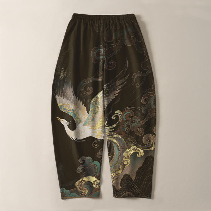 Buddha Stones Pure Cotton Crane Cloud Wave Pattern Drawstring Men's Tapered Pants With Pockets - image 14