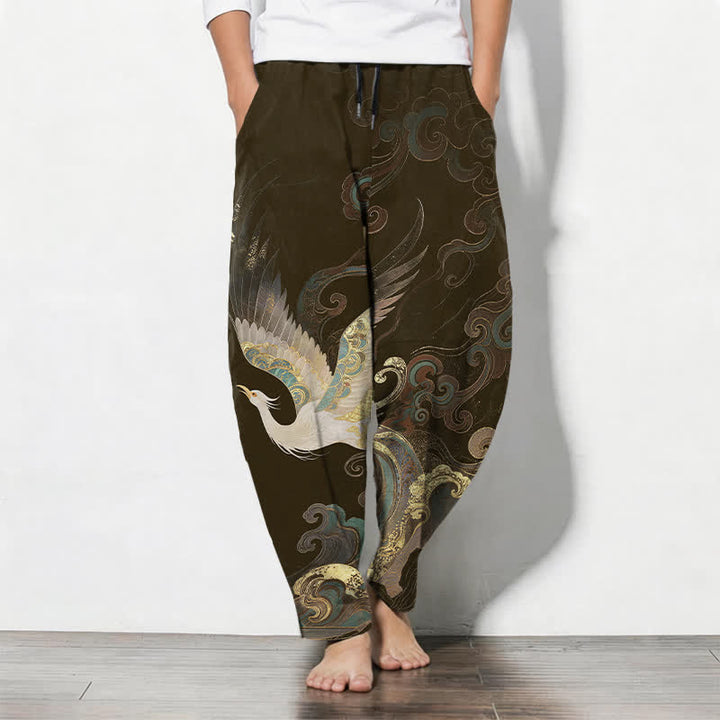 Buddha Stones Pure Cotton Crane Cloud Wave Pattern Drawstring Men's Tapered Pants With Pockets - SaddleBrown - US/UK/AU50，EU60 (5XL) - image 11
