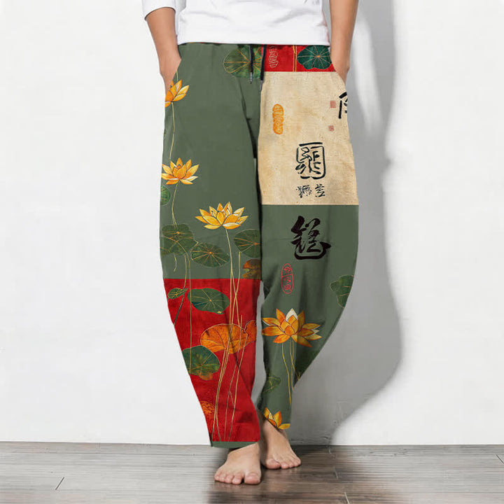 Buddha Stones Pure Cotton Lotus Calligraphy Patchwork Pattern Drawstring Men's Tapered Pants With Pockets - OliveDrab - US/UK/AU50，EU60 (5XL) - image 11