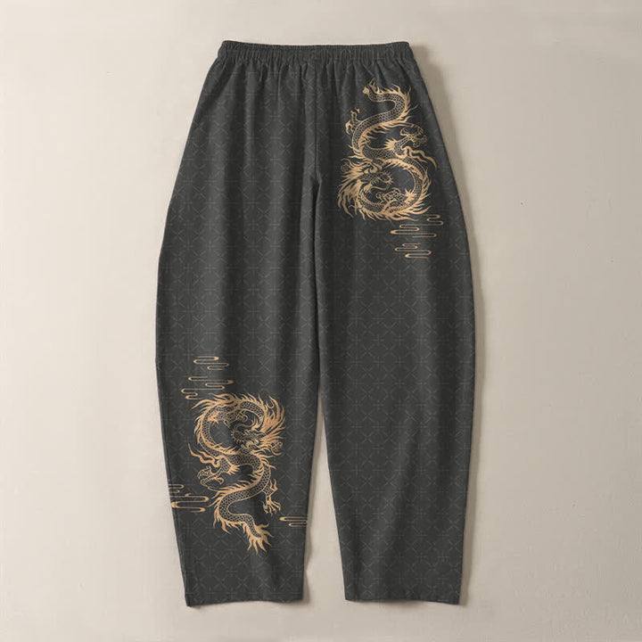 Buddha Stones Pure Cotton Golden Dragon Pattern Drawstring Men's Tapered Pants With Pockets - image 3