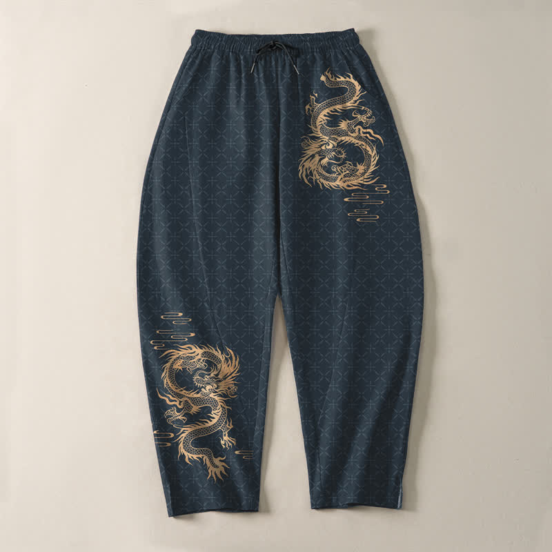Buddha Stones Pure Cotton Golden Dragon Pattern Drawstring Men's Tapered Pants With Pockets - image 13