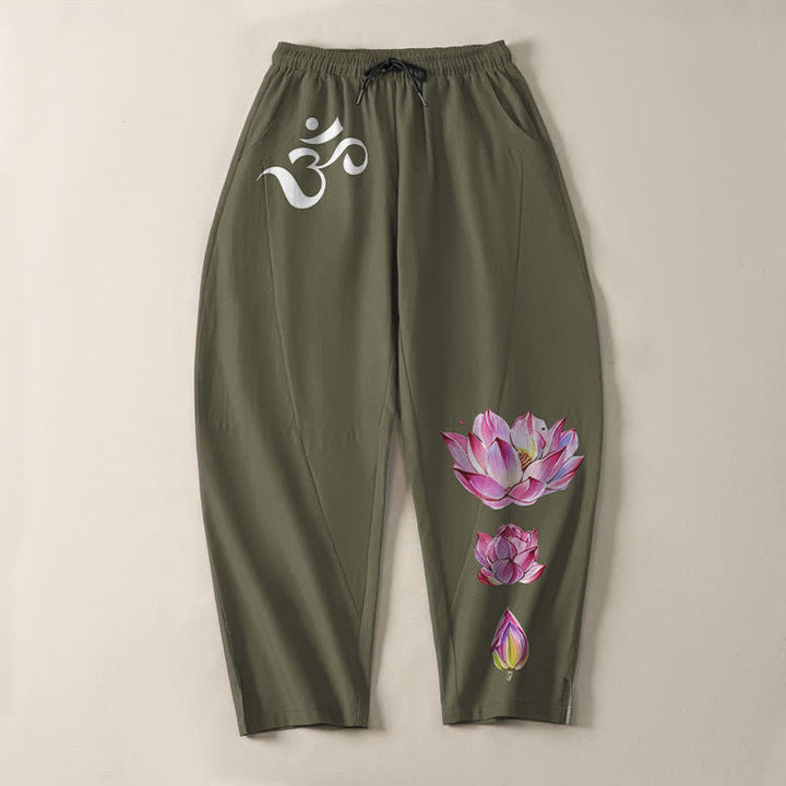 Buddha Stones Pure Cotton Pink Lotus Om Pattern Drawstring Men's Tapered Pants With Pockets - image 2