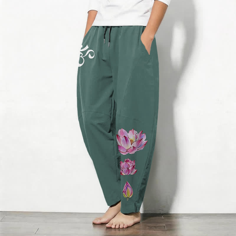 Buddha Stones Pure Cotton Pink Lotus Om Pattern Drawstring Men's Tapered Pants With Pockets - image 8
