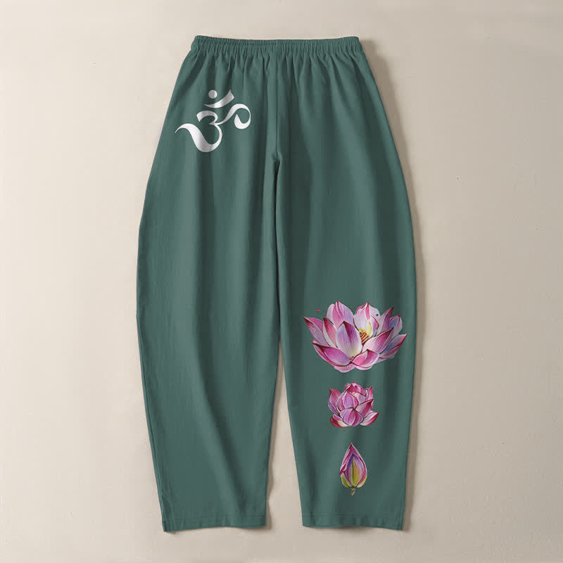 Buddha Stones Pure Cotton Pink Lotus Om Pattern Drawstring Men's Tapered Pants With Pockets - image 10