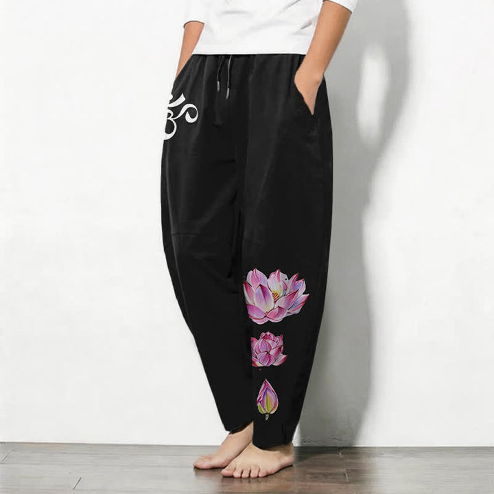 Buddha Stones Pure Cotton Pink Lotus Om Pattern Drawstring Men's Tapered Pants With Pockets - image 12