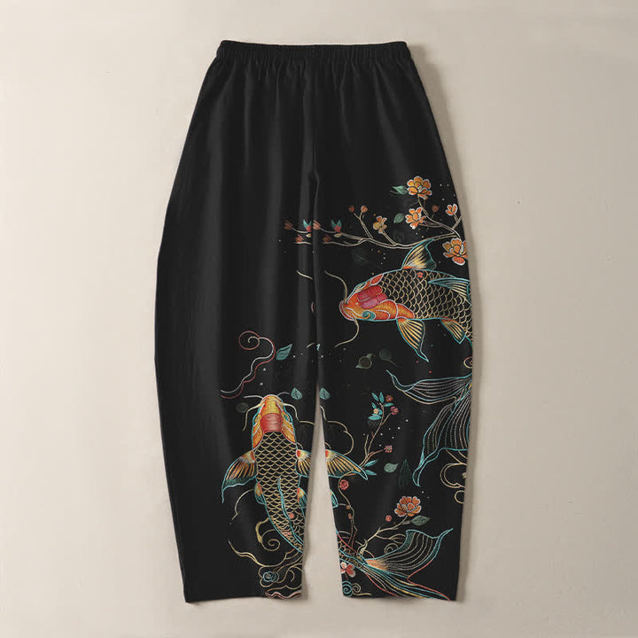 Buddha Stones Pure Cotton Koi Fish Floral Pattern Drawstring Men's Tapered Pants With Pockets - image 3