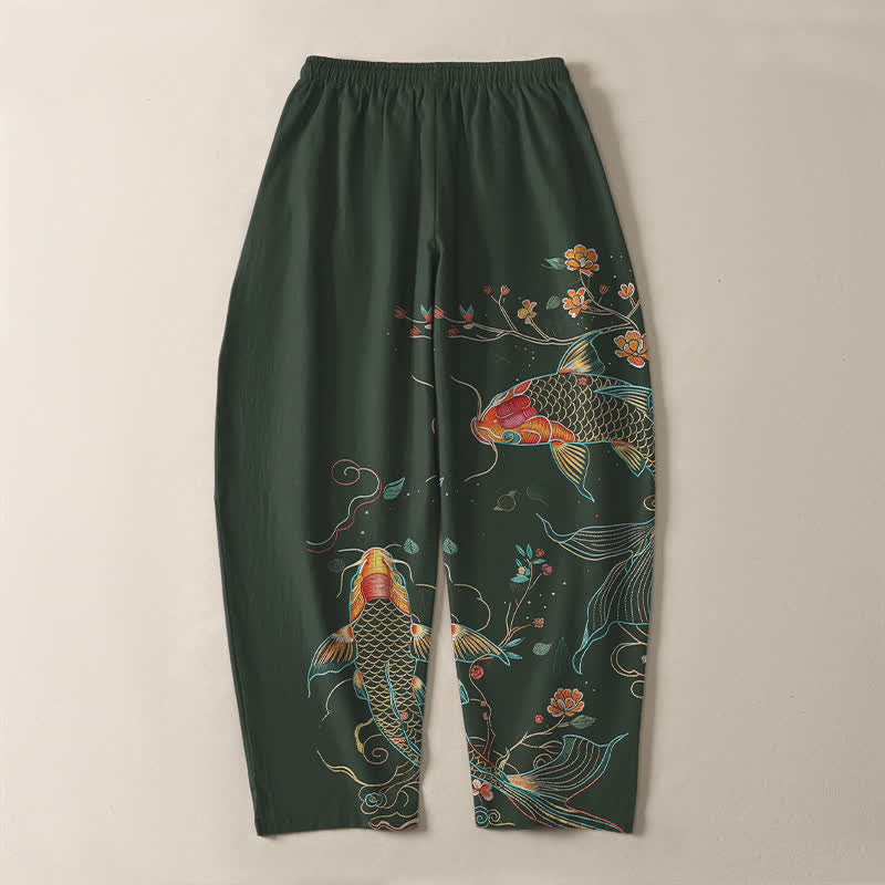 Buddha Stones Pure Cotton Koi Fish Floral Pattern Drawstring Men's Tapered Pants With Pockets - image 10