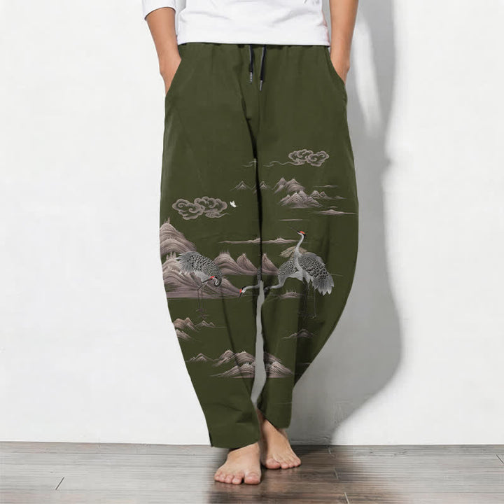 Buddha Stones Pure Cotton Crane Cloud Mountain Pattern Drawstring Men's Tapered Pants With Pockets - DarkOliveGreen - US/UK/AU50，EU60 (5XL) - image 11