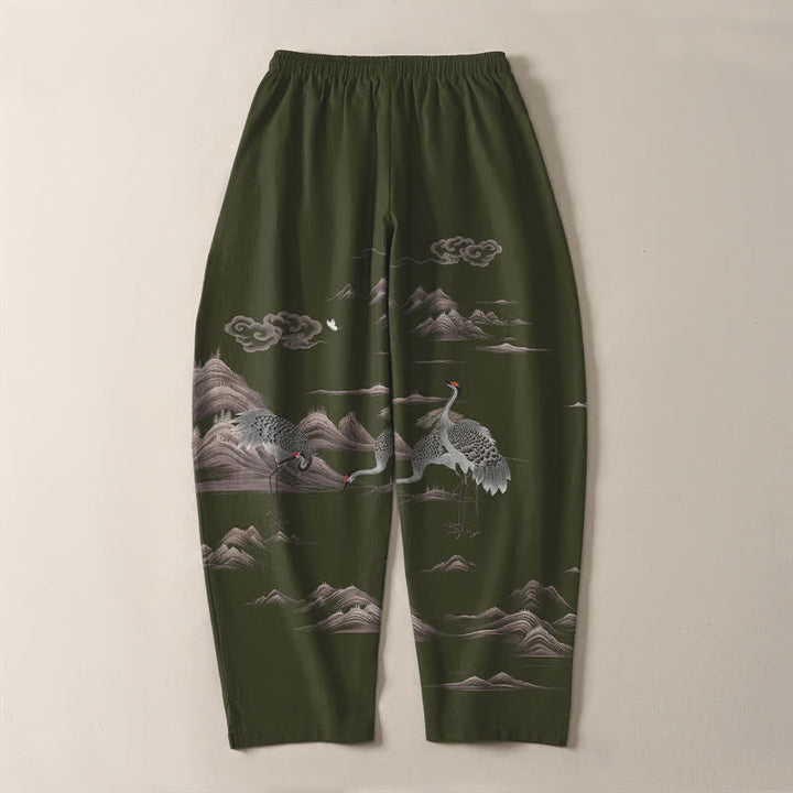 Buddha Stones Pure Cotton Crane Cloud Mountain Pattern Drawstring Men's Tapered Pants With Pockets - image 14