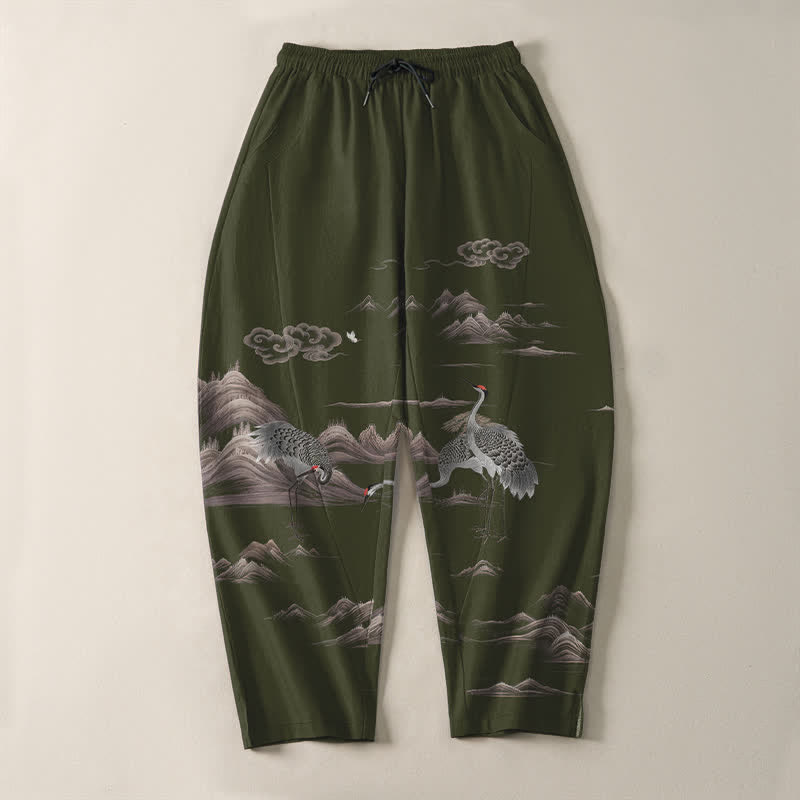 Buddha Stones Pure Cotton Crane Cloud Mountain Pattern Drawstring Men's Tapered Pants With Pockets - image 13