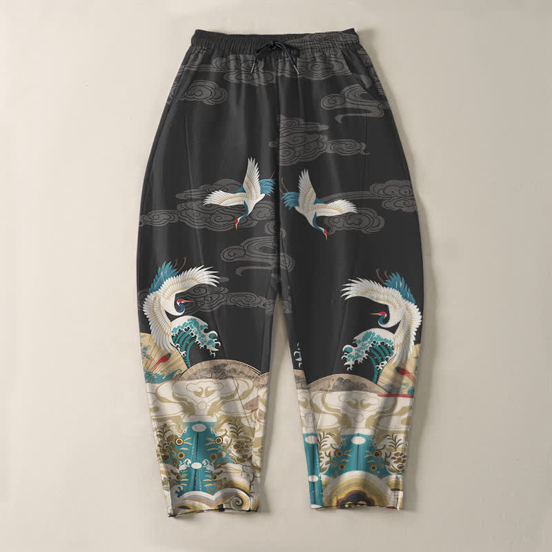 Buddha Stones Pure Cotton Crane Wave Cloud Pattern Drawstring Men's Tapered Pants With Pockets - image 9