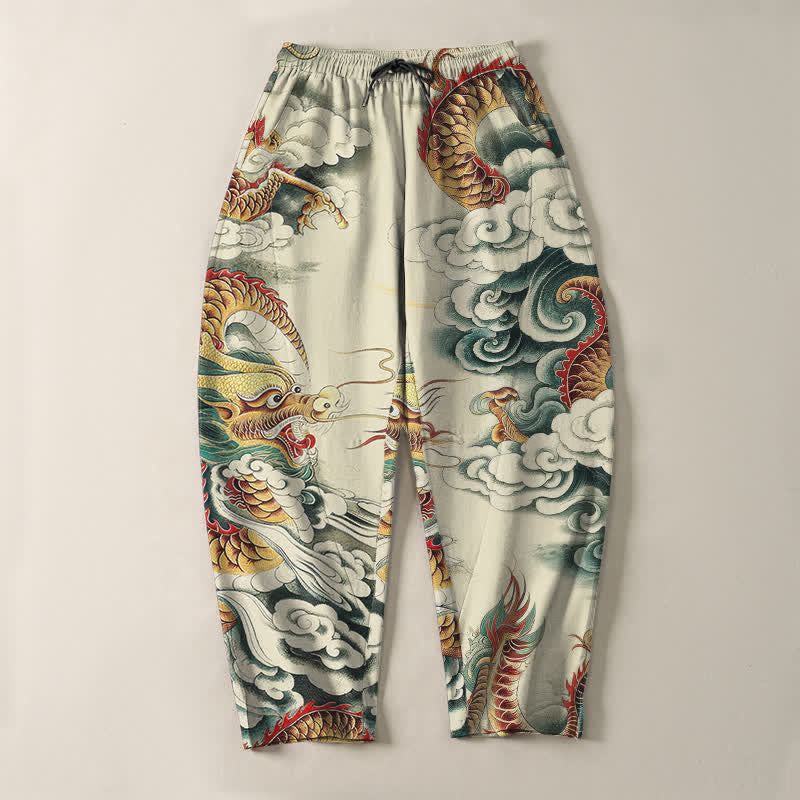Buddha Stones Pure Cotton Cloud Dragon Pattern Drawstring Men's Tapered Pants With Pockets - image 2