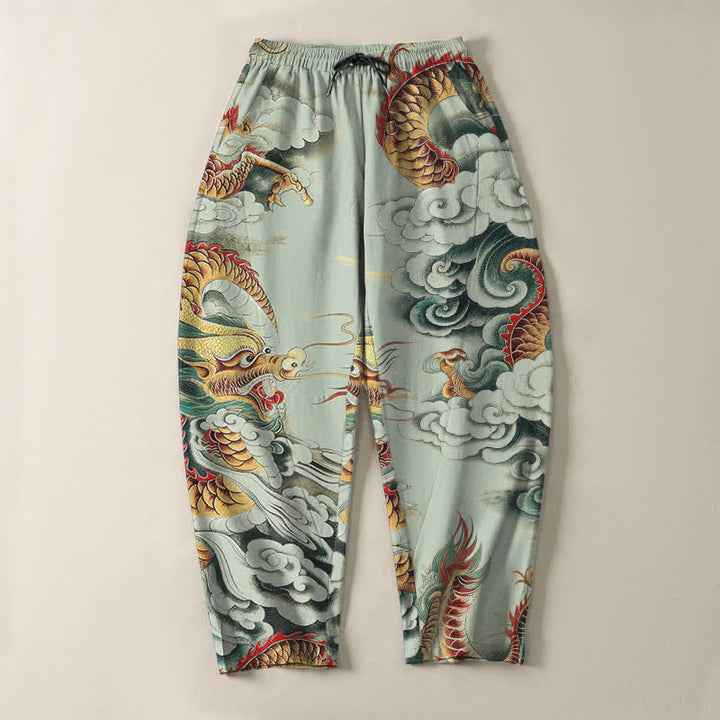 Buddha Stones Pure Cotton Cloud Dragon Pattern Drawstring Men's Tapered Pants With Pockets - image 9