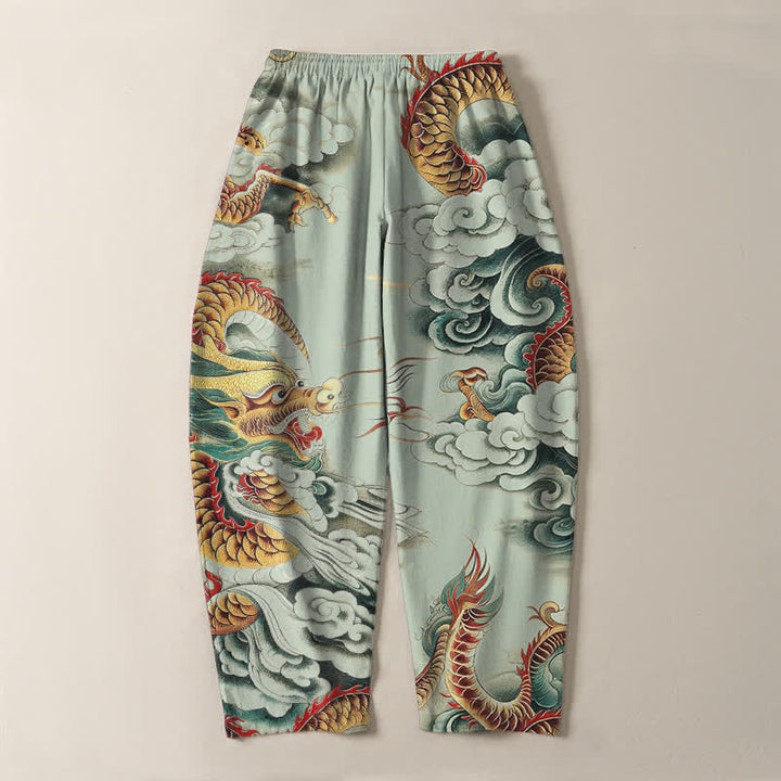 Buddha Stones Pure Cotton Cloud Dragon Pattern Drawstring Men's Tapered Pants With Pockets - image 10