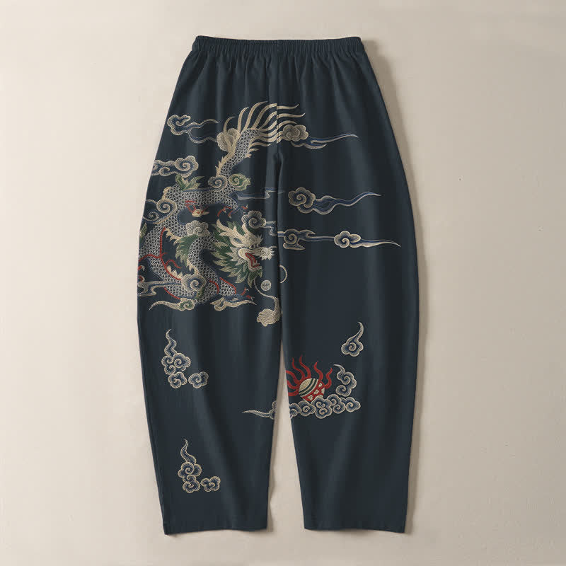 Buddha Stones Pure Cotton Dragon Cloud Fireball Pattern Drawstring Men's Tapered Pants With Pockets - image 3