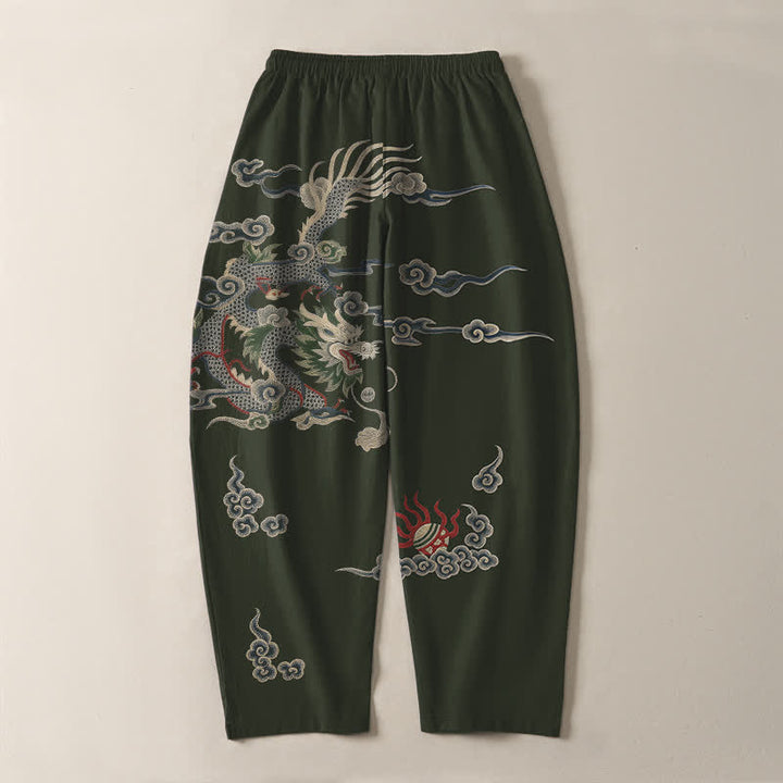 Buddha Stones Pure Cotton Dragon Cloud Fireball Pattern Drawstring Men's Tapered Pants With Pockets - image 10