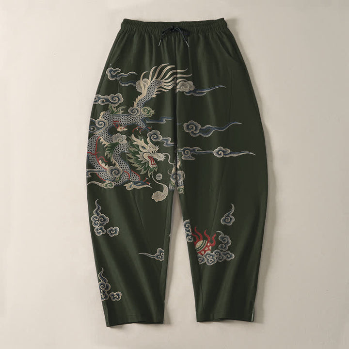 Buddha Stones Pure Cotton Dragon Cloud Fireball Pattern Drawstring Men's Tapered Pants With Pockets - image 9