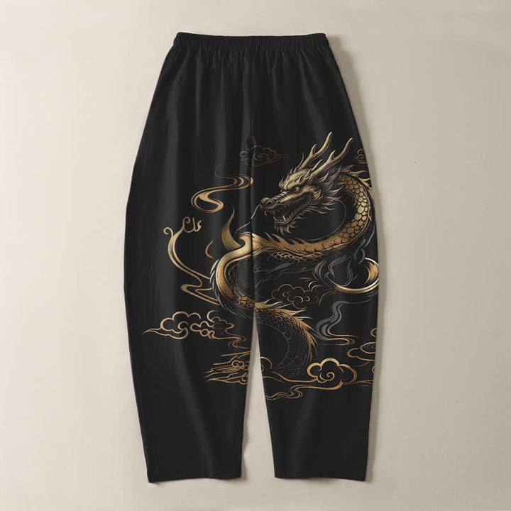 Buddha Stones Pure Cotton Golden Dragon Auspicious Cloud Pattern Drawstring Men's Tapered Pants With Pockets - image 3