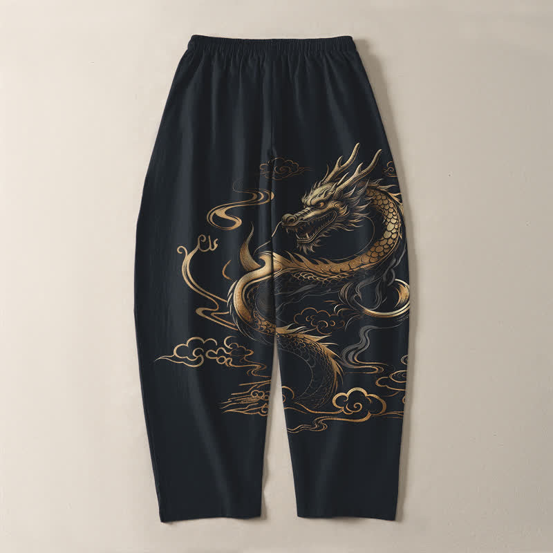 Buddha Stones Pure Cotton Golden Dragon Auspicious Cloud Pattern Drawstring Men's Tapered Pants With Pockets - image 10