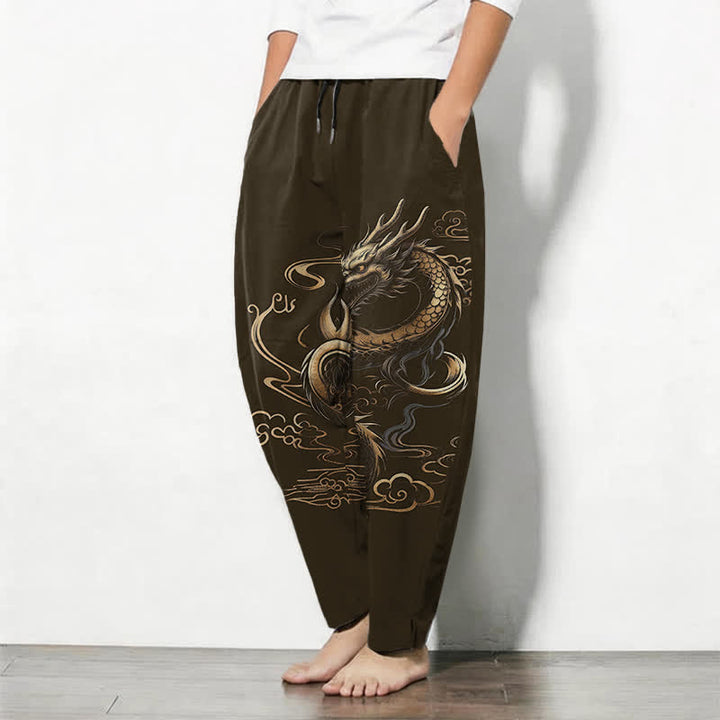 Buddha Stones Pure Cotton Golden Dragon Auspicious Cloud Pattern Drawstring Men's Tapered Pants With Pockets - image 12