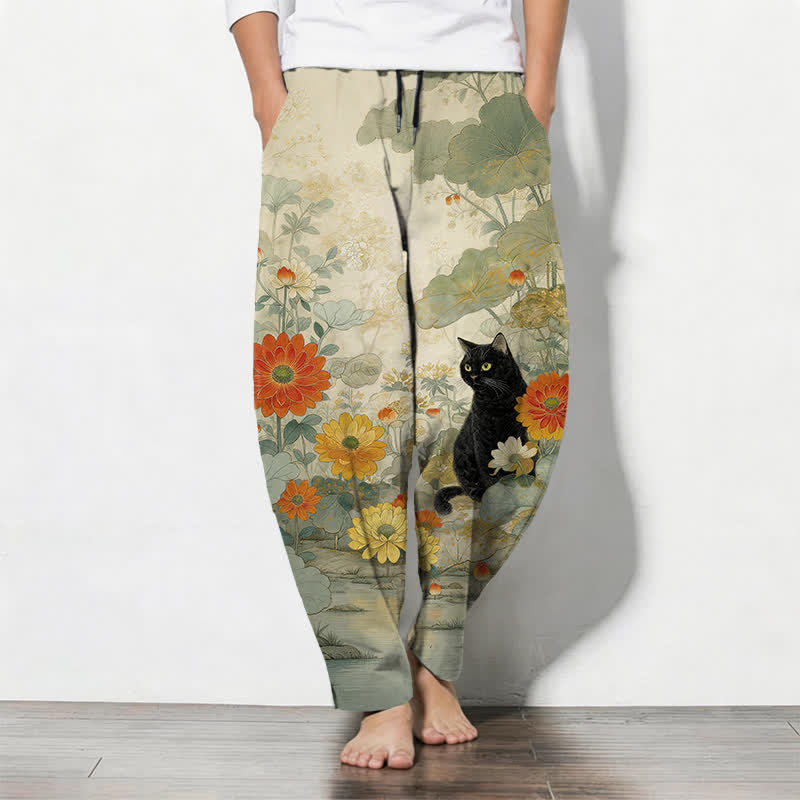 Buddha Stones Pure Cotton Oriental Black Cat Floral Pattern Drawstring Men's Tapered Pants With Pockets - PaleGoldenrod - US/UK/AU50，EU60 (5XL) - image 0