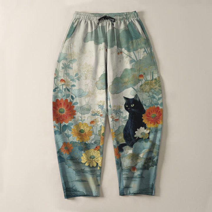 Buddha Stones Pure Cotton Oriental Black Cat Floral Pattern Drawstring Men's Tapered Pants With Pockets - image 13