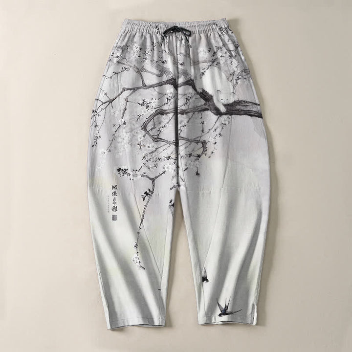 Buddha Stones Pure Cotton Ink Plum Cat Pattern Drawstring Men's Tapered Pants With Pockets - image 2