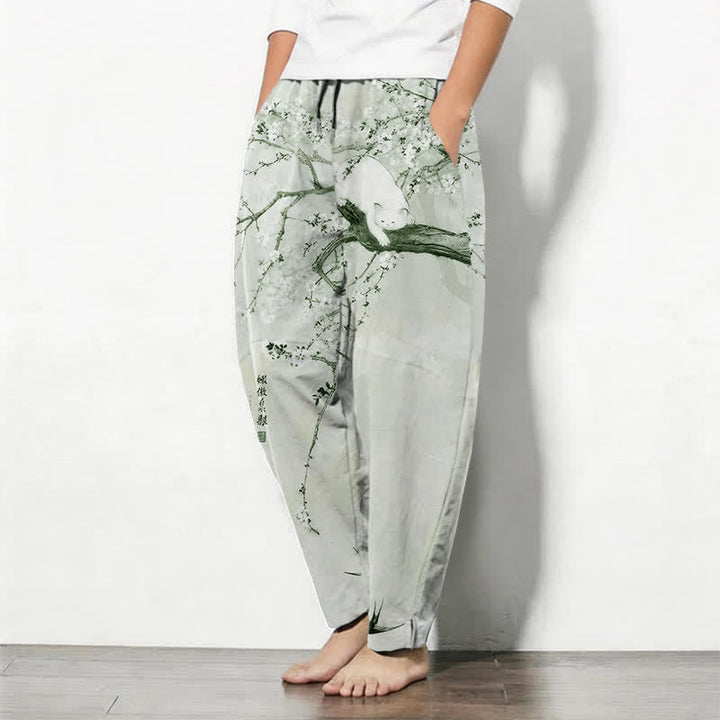 Buddha Stones Pure Cotton Ink Plum Cat Pattern Drawstring Men's Tapered Pants With Pockets - image 12